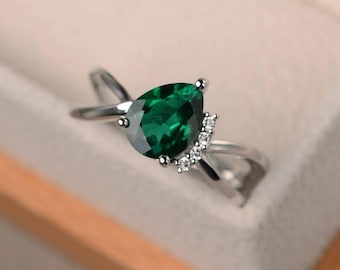 Engagement ring, emerald ring, pear cut ring, green gemstone, sterling silver ring,May birthstone