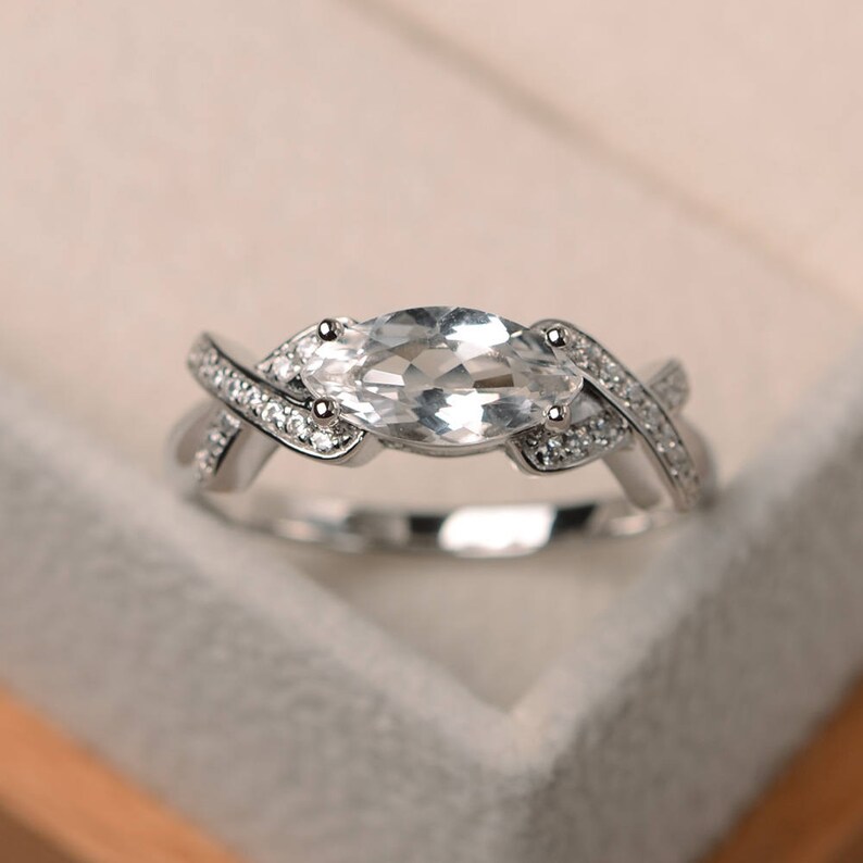 marquise cut gemstone Engagement ring November birthstone sterling silver ring natural white topaz ring