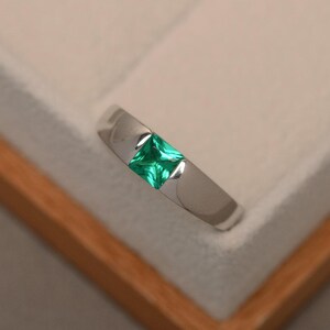 Emerald ring, engagement ring, green gemstone ring, solitaire ring, sterling silver, princess cut image 2