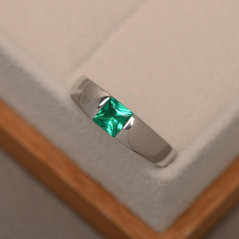 Emerald ring, engagement ring, green gemstone ring, solitaire ring, sterling silver, princess cut image 2