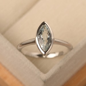 Plain band aquamarine promise ring, bezel set solitaire ring, March birthstone, unique birthday gifts