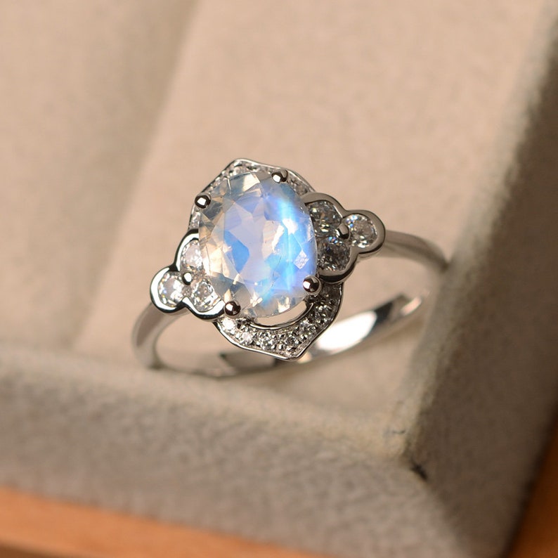 halo ring oval cut rings faceted moonstone ring Natural blue moonstone ring June birthstone