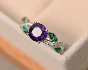 Amethyst ring, engagement ring, February birthstone ring, emerald gemstone, round cut gemstone