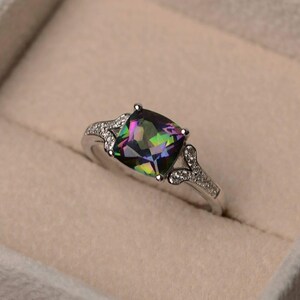 Kissenschliff mystische Topas Ring, Verlobungsring, Silberring, Regenbogen Ring
