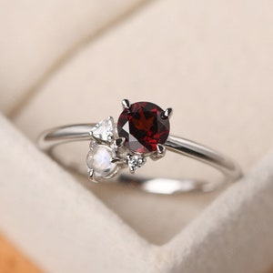Couple birthstone ring, garnet and moonstone promise ring,14k white gold,January June birthstone