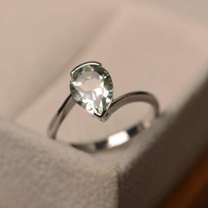 London blue topaz ring, pear cut blue gemstone, sterling silver finished with rhodium, engagement ring, solitaire ring Green Amethyst
