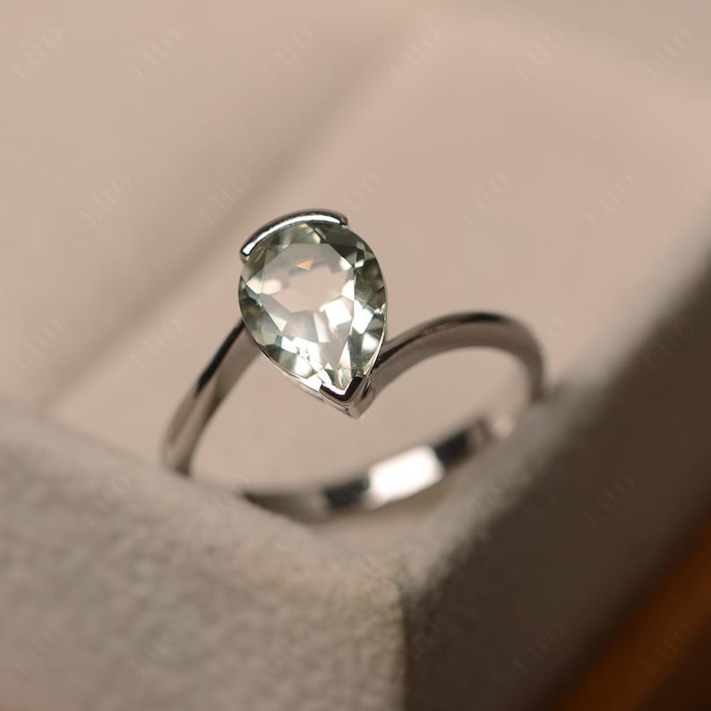 London blue topaz ring, pear cut blue gemstone, sterling silver finished with rhodium, engagement ring, solitaire ring Green Amethyst