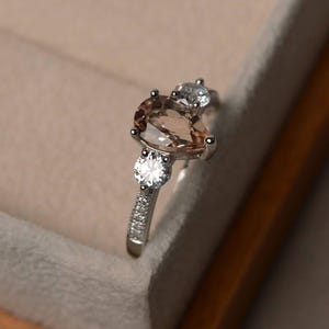 Wedding ring, natural pink morganite ring, pink gemstone ring, pear cut ring, solid sterling silver ring image 2