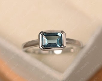 Anello con topazio blu di Londra, anello di fidanzamento, taglio smeraldo, argento sterling, anello solitario con castone