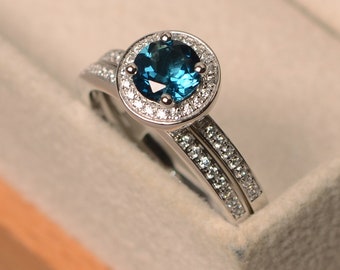 London blue topaz ring, engagement ring with a band, round cut blue topaz ring, silver halo ring, wedding rings for women