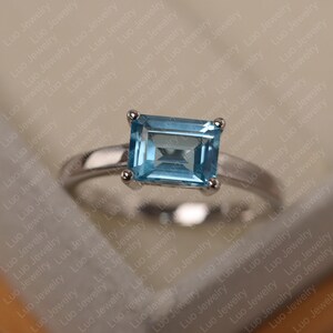 Swiss blue topaz ring, emerald cut, sterling silver, solitaire ring for women