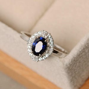 Sapphire ring, lab sapphire, oval sapphire ring, sterling silver