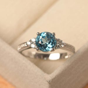 Swiss blue topaz engagement ring, 14k solid white gold, round cut, blue crystal, cluster ring, November birthstone