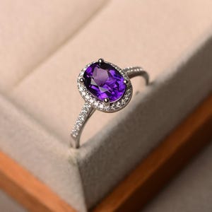 Natural amethyst silver rings, halo rings, round cut rings, solid silver rings, February birthstone, vintage rings image 2