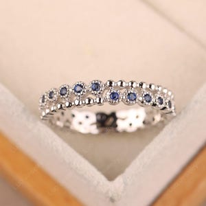 Unique delicate sapphire weding band,sterling silver stacking ring, eternity beaded band ring, September birthstone ring
