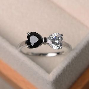 Natural black spinel ring, wedding ring, cubic zirconia ring , heart cut gemstone,  sterling silver ring