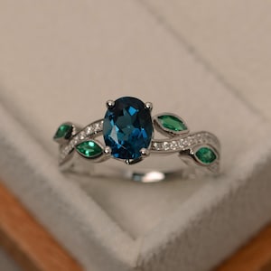 London Blautopas Ring, Multistone Ring, Blattring, Blautopas Ring Silber, Ovalschliff Edelstein Ringe