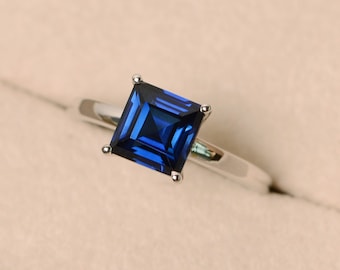 Sapphire ring, square ring, blue sapphire ring, solitaire ring, sterling silver