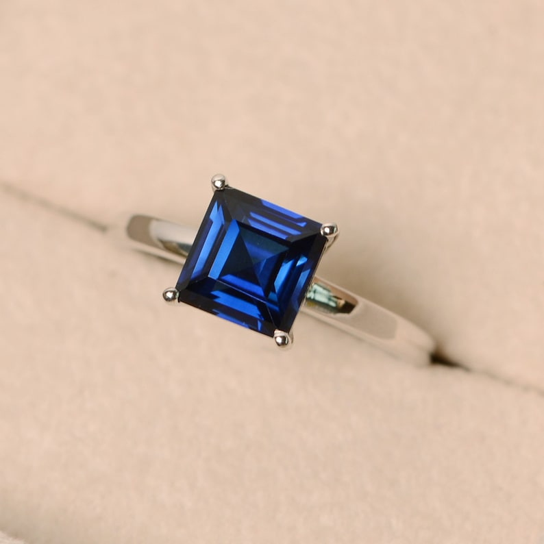 solitaire ring square ring Sapphire ring sterling silver blue sapphire ring