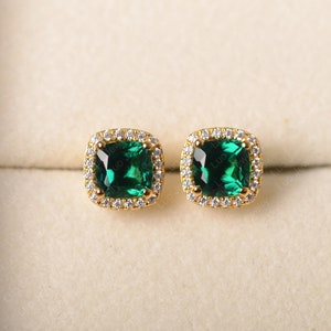 Cushion cut, emerald stud earrings, sterling silver, yellow gold plated, back push stud, May birthstone, halo earrings