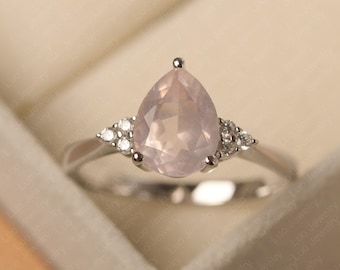 Water drop shaped, real rose quartz engagement ring, pink gemstone, delicate daily ring