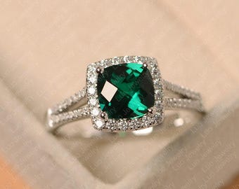 Green emerald ring, cushion cut May birthstone ring, sterling silver, halo engagement ring for women