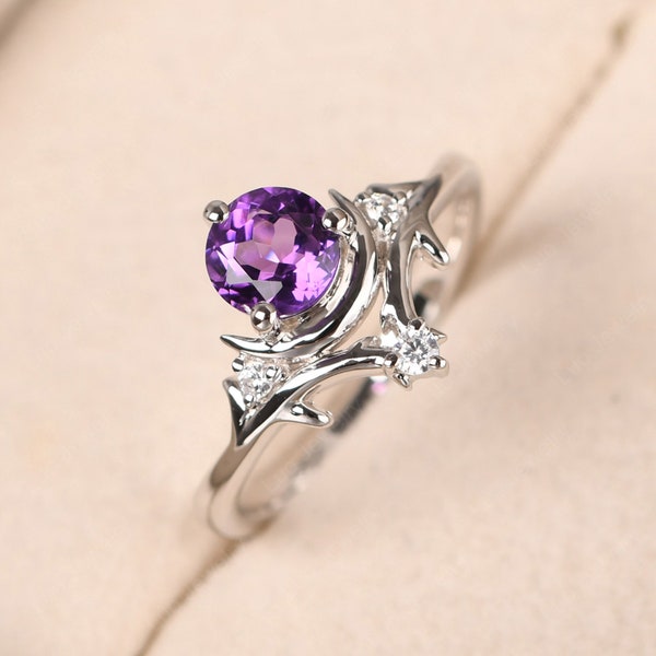 Custom amethyst ring,sterling silver round shaped 6 mm moon ring,branch wedding ring for women