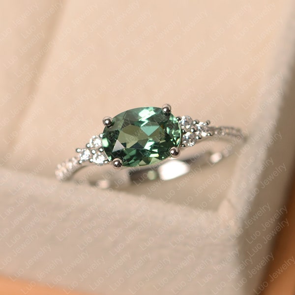 Vintage green sapphire wedding ring, white gold, oval cut, green gemstone, teal sapphire