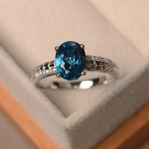 London blue topaz ring, oval cut, sterling silver, vintage engagement ring for women