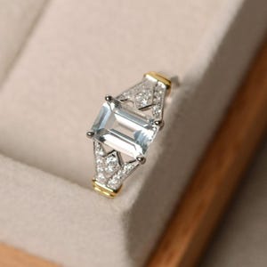 White topaz ring, yellow gold, emerald cut white topaz, white topaz engagement ring