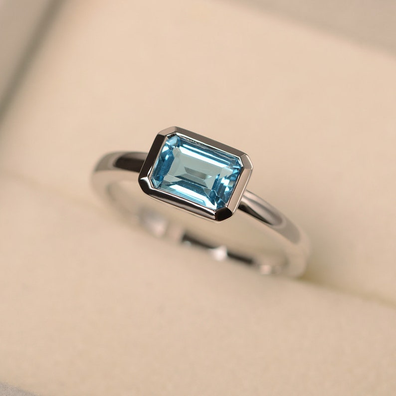Swiss blue topaz ring anniversary ring sterling silver solitaire ring emerald cut
