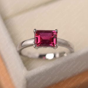 Red ruby ring, white gold solitaire engagement ring, emerald cut July birthstone ring
