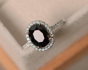 Black spinel ring, oval cut engagement ring, natural spinel ring, black gemstone ring