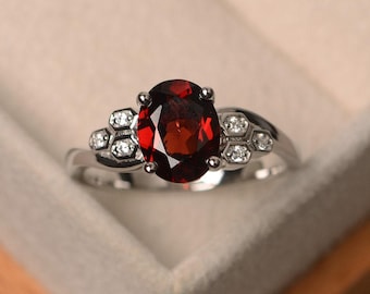 Garnet ring for women, oval cut engagement ring, January birthstone ring, sterling silver ring