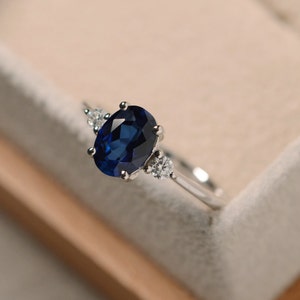 Sapphire engagement silver ring ,oval cut blue gemstone,gift for mom,September birthstone image 2