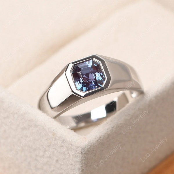 Minimalist alexandrite wedding ring for men, asscher cut June birthstone, bezel setting wide band ring with stone
