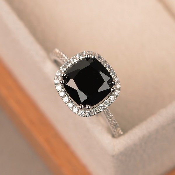 Black spinel ring, halo ring, cushion cut, black rings, gemstone ring, promise ring black, sterling silver