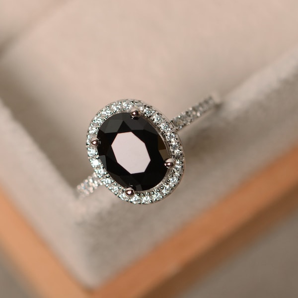 Black spinel ring, oval cut engagement ring, natural spinel ring, black gemstone ring