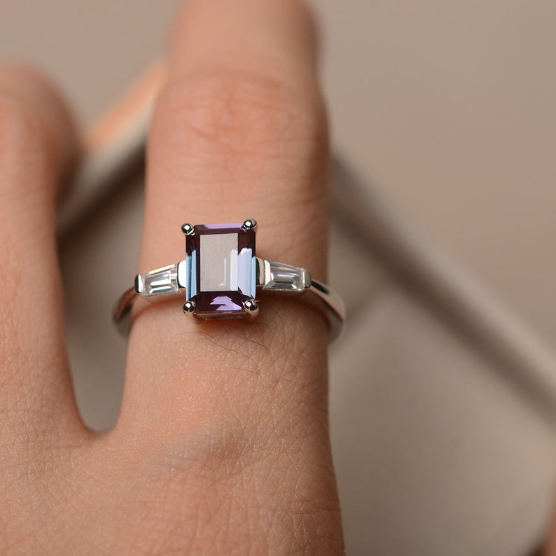 wedding ring June birthstone Lab alexandrite ring emerald cut gemstone sterling silver ring
