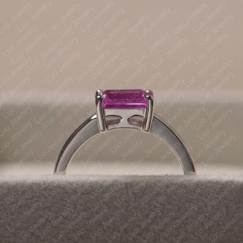 Rosa safirring, smaragdslipad rosa stenring, jubileumsring i sterlingsilver för kvinnor bild 4