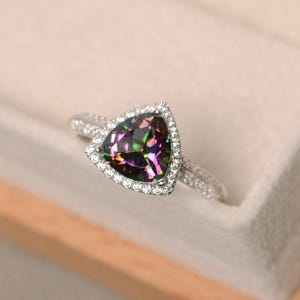 Mystic topaz ring, triangle cut, rainbow topaz, gemstone
