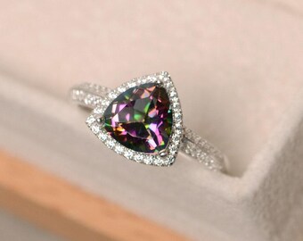 Mystic topaz ring, triangle cut, rainbow topaz, gemstone