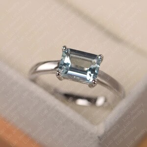 Aquamarine ring, emerald cut March birthstone ring, sterling silver solitaire wedding ring for women