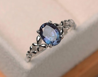 Anillo de aniversario, anillo de alejandrita, piedra preciosa de corte ovalado que cambia de color, anillo de plata esterlina, piedra de nacimiento de junio