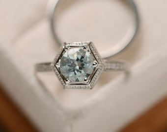 Natural aquamarine ring, March birthstone, engagement ring, promise ring for her