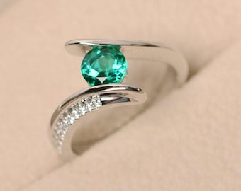Emerald ring, wedding ring, green emerald ring, green gemstone ring, promise ring, sterling silver