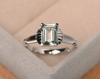 natural green amethyst ring,emerald cut,solitaire ring,wedding ring,green gemstone ring,silver ring,February birthstone