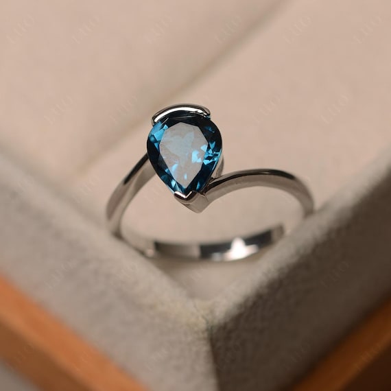 London blue topaz ring, pear cut blue gemstone, sterling silver finished with rhodium, engagement ring, solitaire ring