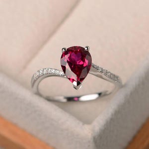 Verlobungsring, Rubinring, Tropfen Edelstein, Juli Geburtsstein, Sterling Silber Ring