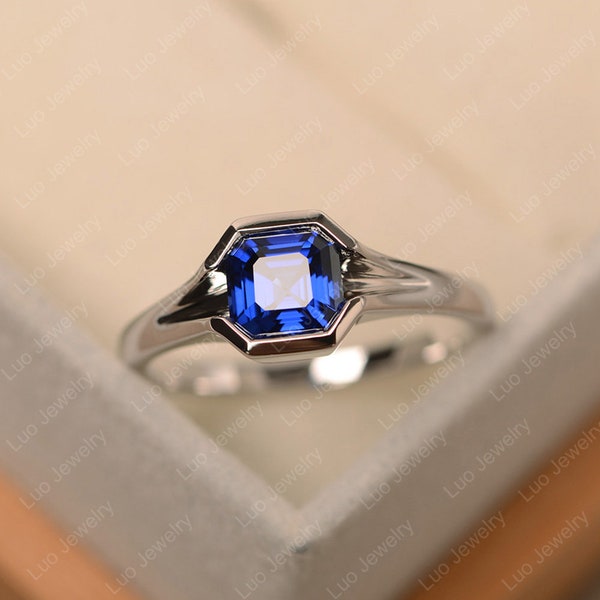 Blue sapphire ring, asscher cut, sapphire gold ring, statement ring,September birthstone